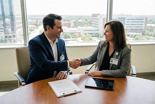 Home care director shaking hands with assisted living facility director.