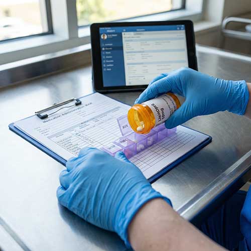 oNurse organizing medication pill box and checking prescription for safety.