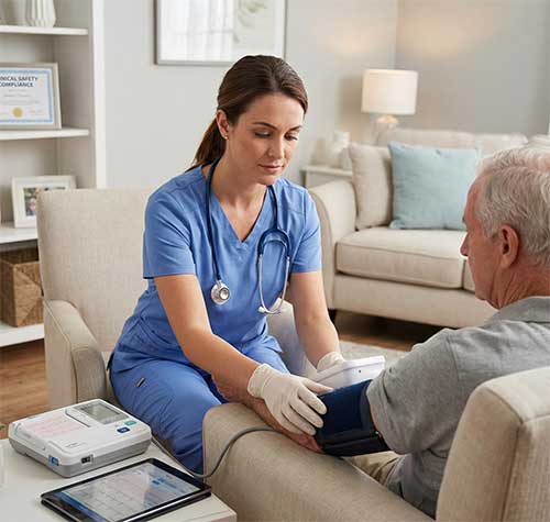 Nurse adjusting medical equipment for a patient in a home living room.