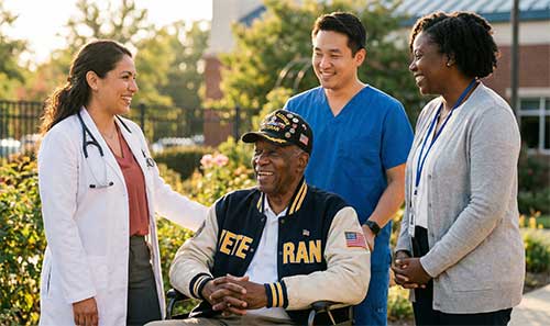 African American veteran client interacting with diverse home care team.