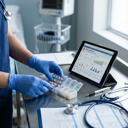 Close-up of nurse's hands managing medication and checking medical chart.