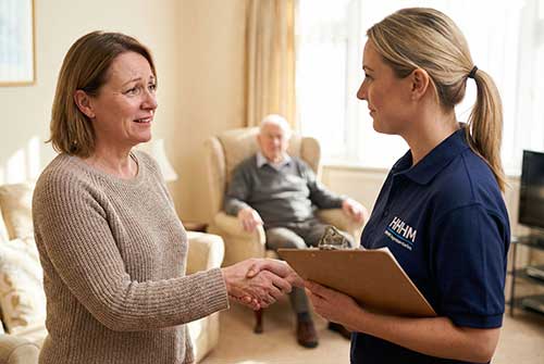 Relieved family member shaking hands with home care representative.