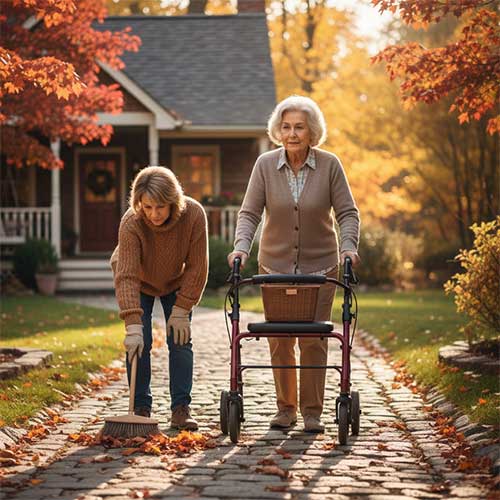 Caregiver ensuring safety by walking alongside senior using a walker.