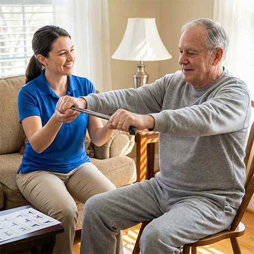 Caregiver assisting seated senior client with physical therapy arm exercises at home.