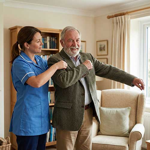 oCaregiver respectfully assisting a smiling senior client with putting on a jacket.
