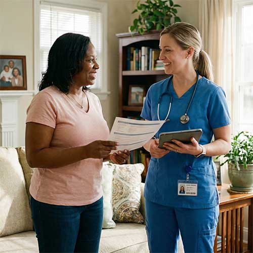 Nurse and caregiver collaborating with family member in a home living room.